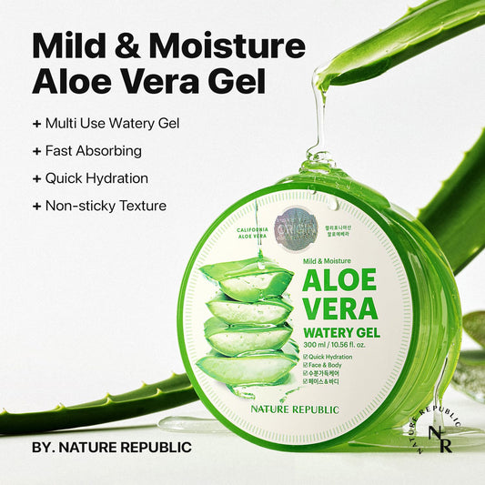 Mild & Moisture Aloe Vera Watery Gel (1 PCS) | Hydrating & Moisturizing, Fast-Absorbing Non-Sticky, Aftersun & Aftershave Soothing Gel for Face & Hair, Korean Skincare, All Skin Types